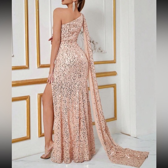 Luxe one shoulder slit for high party formal evening prom sequins dress - Picture 2 of 8